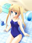  ball beachball blonde_hair can copyright_request green_eyes long_hair miu_(c_blue) one-piece_swimsuit sand soda_can solo swimsuit twintails 