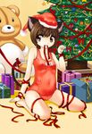  alternate_color_school_swimsuit animal_ears bad_id bad_pixiv_id brown_eyes brown_hair cat_ears cat_tail chen christmas christmas_tree covered_navel hat multiple_tails navel one-piece_swimsuit orangec paw_pose red_eyes red_swimsuit ribbon santa_costume school_swimsuit short_hair solo swimsuit tail tail_ribbon touhou 
