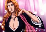  artist_request bleach blue_eyes breasts cleavage highres huge_breasts japanese_clothes long_hair matsumoto_rangiku mole mole_under_mouth official_art orange_hair solo 