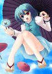  blue_eyes blue_hair geta heterochromia highres oriental_umbrella purple_umbrella red_eyes sandals shadow short_hair solo takamu tatara_kogasa touhou umbrella 