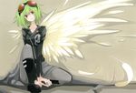  blush feathers fishnet_pantyhose fishnets goggles goggles_on_head green_hair gumi highres pantyhose short_hair solo tansuke vocaloid wings 