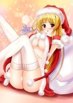  bad_id bad_pixiv_id blonde_hair blush breasts cameltoe christmas cleavage cynthia_marguerite highres long_hair medium_breasts mikuni_mizuki panties ponytail red_eyes santa_costume solo thighhighs underboob underwear yoake_mae_yori_ruri_iro_na 