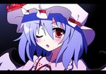  bad_id bad_pixiv_id bat_wings blue_hair blush hat hat_ribbon kikugetsu letterboxed one_eye_closed open_mouth red_eyes remilia_scarlet ribbon short_hair solo touhou wings 