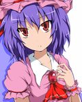  bad_id bad_pixiv_id brooch cravat fang hat jewelry looking_at_viewer pink_hat puffy_short_sleeves puffy_sleeves purple_hair red_eyes remilia_scarlet short_hair short_sleeves solo touhou upper_body wata white_background wrist_cuffs 