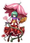  absurdres arm_garter ascot black_legwear flower flower_request full_body green_hair highres kazami_yuuka loafers md5_mismatch plaid plaid_skirt plaid_vest red_eyes scarf shoes short_hair side_slit skirt skirt_set smile solo spider_lily sunflower thighhighs tori_rui touhou transparent_background umbrella untucked vest 