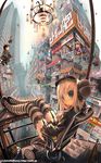  blonde_hair bow broom broom_riding building cityscape eyes fisheye flying garter_straps hair_bow john_hathway legs long_hair looking_back original sitting socks solo_focus striped striped_legwear thighhighs 