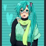  alternate_hairstyle aqua_eyes aqua_hair bad_id bad_pixiv_id bespectacled bow candy casual earrings food glasses green_scarf hair_bow hair_ornament hairclip hatsune_miku jewelry kurok0 lollipop long_hair necklace red-framed_eyewear scarf side_ponytail sleeves_past_wrists solo striped striped_background vocaloid 
