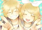  1girl ^_^ banned_artist blonde_hair bow brother_and_sister closed_eyes grin hair_bow hair_ornament hairclip kagamine_len kagamine_rin open_mouth ria short_hair siblings sketch smile twins v vocaloid 