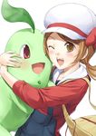  bad_id bad_pixiv_id bag blush brown_eyes brown_hair chikorita gen_2_pokemon hat hat_ribbon hug kotone_(pokemon) one_eye_closed pokemon pokemon_(creature) pokemon_(game) pokemon_hgss red_ribbon ribbon tenkuu_nozora 