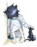  animal_ears black_hair cat cat_ears cat_tail catboy death_note diabolism eyes_closed l l_(death_note) legs_up male male_focus short_hair shueisha sitting smile tail toujou_sakana 