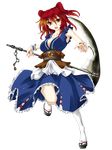  alternate_weapon armpits bare_shoulders breasts cleavage full_body fuyuno_taka hair_bobbles hair_ornament highres large_breasts onozuka_komachi red_eyes red_hair scythe solo tabi touhou transparent_background two_side_up weapon wrist_cuffs 