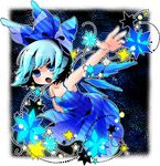  bare_shoulders blue_eyes blue_hair bow cirno dress magic moonyan open_mouth outstretched_arm short_hair solo touhou younger 