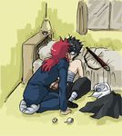  2boys bandage bandages bed black_hair hiei kiss kurama long_hair male male_focus mugi-pjm multiple_boys red_hair redhead sarashi short_hair spiked_hair surprise surprised sword topless weapon yaoi yu_yu_hakusho yuu_yuu_hakusho 