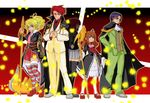  3girls andou_touta axe belt black_hair blonde_hair brother_and_sister crown dress formal glasses multiple_boys multiple_girls ponytail red_hair siblings staff suit sword thighhighs twintails umineko_no_naku_koro_ni ushiromiya_ange ushiromiya_battler ushiromiya_george ushiromiya_jessica ushiromiya_maria weapon 