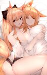  2girls :p absurdres animal_ear_fluff animal_ears arknights aunt_and_niece bangs bare_shoulders bed_sheet black_bow black_panties blemishine_(arknights) blonde_hair blush bow breast_press breasts brown_eyes closed_eyes closed_mouth collarbone eyebrows_visible_through_hair hair_bow heart highres horse_ears horse_girl horse_tail hug hug_from_behind lace-trimmed_panties lace_trim large_breasts long_hair long_sleeves looking_at_viewer lying multiple_girls object_hug off_shoulder on_bed on_side panties pillow pillow_hug samip shirt sleeping smile swept_bangs tail tongue tongue_out underwear very_long_hair whislash_(arknights) white_shirt yuri 