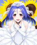  3a07 blue_hair breasts bridal_veil bride cleavage crown dress elbow_gloves flower gloves haruichi idolmaster idolmaster_(classic) long_hair medium_breasts miura_azusa red_eyes solo sunflower veil wedding wedding_dress 