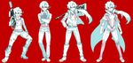  cape crossed_arms genderswap genderswap_(ftm) gun highres long_hair matsukaze_yukiji midriff monochrome pants ponytail red_background simple_background tengen_toppa_gurren_lagann weapon yoko_littner yomako 