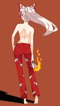  alternate_costume alternate_hairstyle ass back barefoot bow contemporary contrapposto denim facing_away fire from_behind fujiwara_no_mokou full_body hair_bow hand_on_hip jeans ke-su long_hair ofuda pants ponytail shadow simple_background solo standing topless touhou white_hair 
