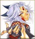  breasts calnarsa cleavage collar fingerless_gloves forehead_jewel gloves large_breasts md5_mismatch one_eye_closed saya_(namco_x_capcom) shikishi silver_hair solo super_robot_wars super_robot_wars_og_saga_mugen_no_frontier yellow_eyes 