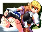  arm_warmers ass bad_id bad_pixiv_id between_breasts blonde_hair blush bodysuit breasts fingernails green_eyes large_breasts long_fingernails mizuhashi_parsee ootsuki_wataru panties pointy_ears sharp_fingernails short_hair solo striped striped_panties touhou underwear 