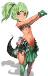  breasts dragon_girl feet_out_of_frame gloves green_eyes green_hair headband interlocked_fingers kichin_yarou midriff monster_girl no_lineart original ponytail single_thighhigh small_breasts solo stretch tail thighhighs underboob 