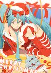  aqua_eyes aqua_hair bad_id bad_pixiv_id blush bow detached_sleeves hair_bow hat hatsune_miku headphones long_hair necktie ryota-h santa_costume santa_hat smile solo striped striped_legwear thighhighs twintails very_long_hair vocaloid zettai_ryouiki 