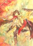  :3 alternate_costume bad_id bad_pixiv_id black_hair black_wings boots campanula-star geta hat long_sleeves looking_at_viewer red_eyes scarf shameimaru_aya short_hair skirt smile solo tengu-geta thighhighs tokin_hat touhou traditional_media walking watercolor_(medium) wings zettai_ryouiki 