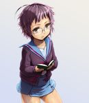  book brown_eyes cardigan glasses kita_high_school_uniform kojamerii nagato_yuki purple_hair school_uniform serafuku short_hair solo suzumiya_haruhi_no_yuuutsu 