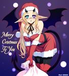  1girl bad_id bad_pixiv_id bare_shoulders blonde_hair blush boots breasts choker christmas cleavage covered_nipples cross demon_girl demon_tail demon_wings elbow_gloves english engrish genshi glasses gloves green_eyes hat heterochromia horns large_breasts leaning_forward mole mole_under_eye original pantyhose pointy_ears purple_eyes ranguage red_gloves ribbon ribbon_choker santa_costume santa_hat solo tail thigh_boots thighhighs wings 