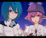  ana_(tateana_juukyo) animal_ears antennae aqua_eyes bow cape fake_screenshot green_hair hat multiple_girls mystia_lorelei night night_sky open_mouth pink_hair red_eyes shirt short_hair sky slit_pupils touhou white_shirt wings wriggle_nightbug 