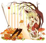  apple argyle bad_id bad_pixiv_id bare_tree belt black_legwear brown_eyes choker flower fly_agaric food fork fork_in_mouth frilled_sleeves frills fruit full_body green_hair hat hat_ribbon holding holding_plate knees_up knife lace-trimmed_kneehighs manbou_no_suiso mushroom original pie plate puffy_short_sleeves puffy_sleeves red_footwear ribbon ribbon_choker shoes short_hair short_sleeves sitting skirt solo striped striped_background striped_ribbon tree vertical-striped_background vertical_stripes witch_hat 