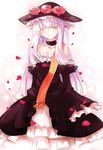  bangs bare_shoulders blunt_bangs choker closed_eyes dress flower frills gathers hime_cut ideolo long_hair no_nose petals silver_hair solo umineko_no_naku_koro_ni virgilia 