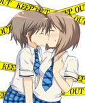  antenna_hair blush caution_tape collarbone hagiwara_yukiho hanaharu_(sirakawagou) idolmaster idolmaster_(classic) keep_out kikuchi_makoto kiss multiple_girls necktie plaid plaid_skirt rough_time_school skirt sweatdrop yuri 