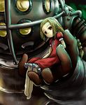  big_daddy bioshock bioshock_1 blonde_hair braid dress in_palm kotokane_hajime little_sister long_hair red_eyes sitting 