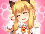  animal_ears bell blonde_hair capelet cat_ears closed_eyes commentary_request extra_ears gauntlets hayashi_custom head_tilt meowstress monster_hunter monster_hunter_x open_mouth partial_commentary paw_pose paw_print pointy_ears smile solo upper_body 