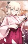  black_ribbon blonde_hair fate_(series) grey_eyes hair_ribbon hakama highres holding holding_sword holding_weapon japanese_clothes katana kimono koha-ace magicians_(zhkahogigzkh) meiji_schoolgirl_uniform okita_souji_(fate) okita_souji_(fate)_(all) petals purple_hakama ribbon sheath short_hair smile solo spoilers sword unsheathing weapon 