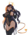  bare_shoulders black_hair breasts demon_girl demon_tail elbow_gloves fingerless_gloves gloves halo horns large_breasts long_hair monorus orange_eyes pointy_ears simple_background sintan smile solo tail the_sinner_gate thighhighs very_long_hair white_background 