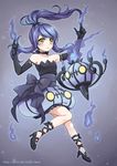  2015 ankle_lace-up artist_name bangs bare_shoulders black_footwear black_gloves black_ribbon blue_fire blue_hair bow bubble_skirt chandelure choker collarbone cross-laced_footwear crossed_fingers dress elbow_gloves expressionless fire flame floating_hair frills full_body gen_5_pokemon gloves grey_background high_heels highres long_hair looking_at_viewer mono_land no_socks personification pointing pointing_up pokemon pokemon_(creature) ponytail ribbon ribbon_choker sash shoes sidelocks skirt solo strapless strapless_dress swept_bangs watermark web_address yellow_eyes 