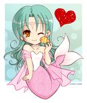  &gt;_&lt; artist_name bare_shoulders beads cheek_kiss chibi choker circlet closed_eyes clownfish dated earrings full_body green_hair heart jewelry kiss long_hair mermaid monster_girl nashiko_(tinyrelation) one_eye_closed orange_eyes original see-through smile solo 