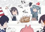  ahoge antenna_hair black_hair brown_hair food hair_ornament hat kantai_collection knife multiple_girls muneate plate red_hair shigure_(kantai_collection) short_hair skirt smile stabbing taihou_(kantai_collection) trembling turkey_(food) twintails ushio_(kantai_collection) utsuwa zuikaku_(kantai_collection) |_| 