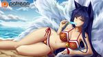  ahri animal_ears arm_support artist_name ass_visible_through_thighs bare_arms bare_shoulders beach bell bikini blue_hair blush breasts cleavage cloud day eating facepaint fingernails food fox_ears fox_tail heterochromia hips horizon ice_cream jingle_bell large_breasts league_of_legends legs long_fingernails long_hair looking_at_viewer lying md5_mismatch midriff multiple_tails nail_polish navel nokapi ocean on_side orange_eyes outdoors patreon_logo patreon_username popsicle purple_eyes red_bikini red_nails sand shore side-tie_bikini solo stomach swimsuit tail thigh_gap very_long_hair watermark web_address 