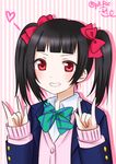  alternate_hairstyle bangs black_hair blunt_bangs love_live! love_live!_school_idol_project red_eyes ribbon ric_(fwpbox) smile solo twintails uniform yazawa_nico 