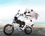  ankle_boots beach boots dress full_body gloves ground_vehicle horns kakizaki_(chou_neji) kantai_collection long_hair mittens motor_vehicle motorcycle northern_ocean_hime ocean on_motorcycle outdoors riding road shinkaisei-kan sleeveless sleeveless_dress solo sunglasses water white_dress white_gloves white_hair white_skin 