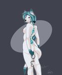  anthro blue_eyes blue_hair breasts butt canine clothed clothing cute female fur hair half-dressed handcuffs kangaroo kida_howlette looking_at_viewer mammal marsupial nipples nude piercing raine seductive shackles side_boob simple_background smile solo topless white_fur 