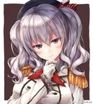  blue_eyes blush breasts epaulettes finger_to_chin gloves hat kantai_collection kashima_(kantai_collection) large_breasts looking_at_viewer military military_uniform silver_hair smile solo suien twintails twitter_username uniform wavy_hair white_gloves 