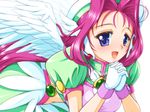  :d bangs blue_eyes corrector_yui gloves hat kisaragi_haruna long_hair magical_girl obara_gaun open_mouth parted_bangs pink_hair puffy_sleeves skirt smile solo white_background white_gloves white_wings wings 