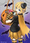  bat blonde_hair blue_eyes blush candy cape chocolate_bar commentary_request cookie eating food halloween halloween_costume hat iris_(ryou@ryou) jack-o'-lantern lollipop looking_at_viewer looking_back original ryou@ryou short_hair solo striped striped_legwear thighhighs tsurime twitter_username 