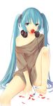  absurdres barefoot black_ribbon blue_eyes blue_hair dre flower flower_in_mouth hair_ribbon hatsune_miku headphones highres long_hair looking_at_viewer off-shoulder_shirt off_shoulder ribbon shirt simple_background solo sweater twintails very_long_hair vocaloid white_background 