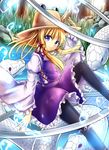  black_legwear blonde_hair bubble fuupu hair_ornament hair_ribbon hat long_hair long_sleeves looking_at_viewer mishaguji moriya's_iron_rings moriya_suwako pantyhose purple_eyes ribbon shirt skirt skirt_set smile snake solo touhou vest water wide_sleeves 