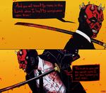  2014 alien angry blood clothed clothing crossover darth_maul dathomirian english_text gloves grimace horn humanoid male mammal melee_weapon not_furry pulp_fiction sith solo speech_bubble star_wars suit sword tattoo text weapon yellow_eyes zarnala 